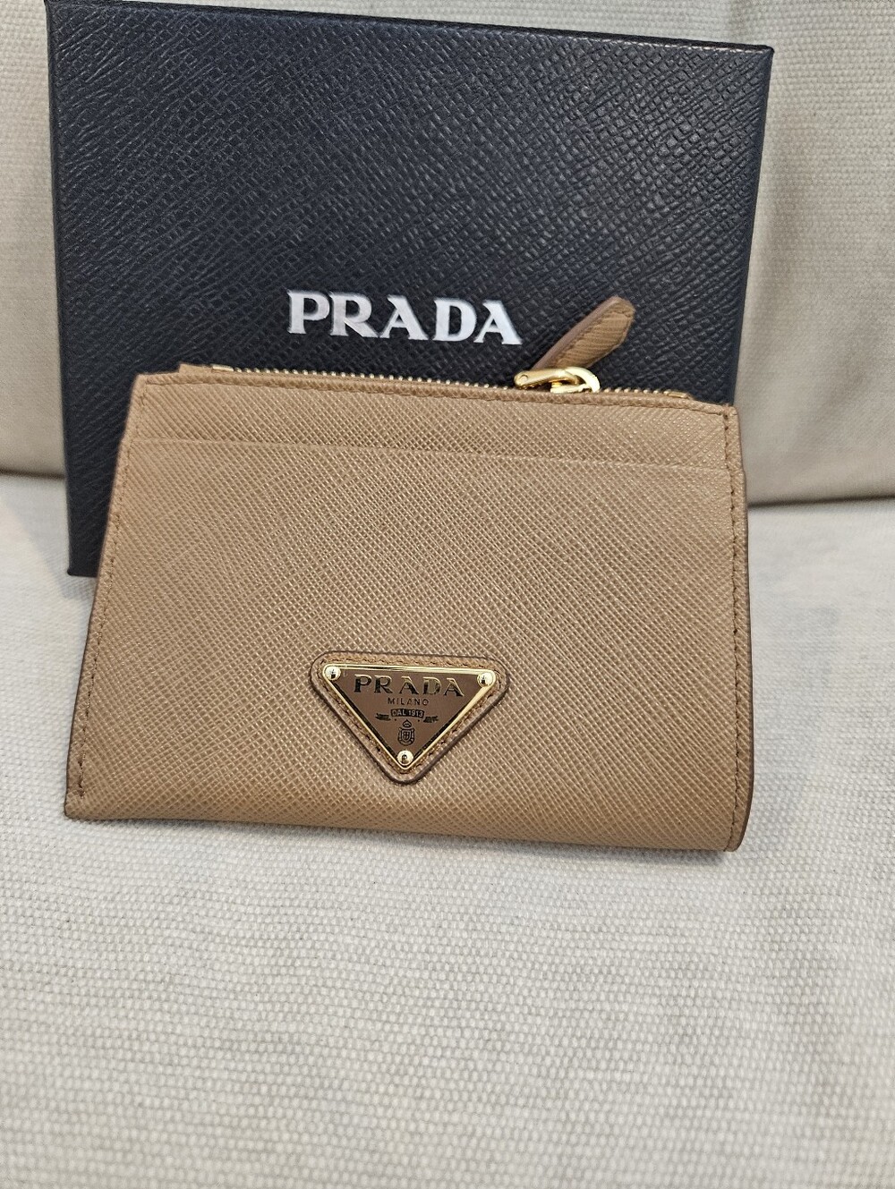 Prada Saffiano Baige Leather Zip Card Holder Wallet